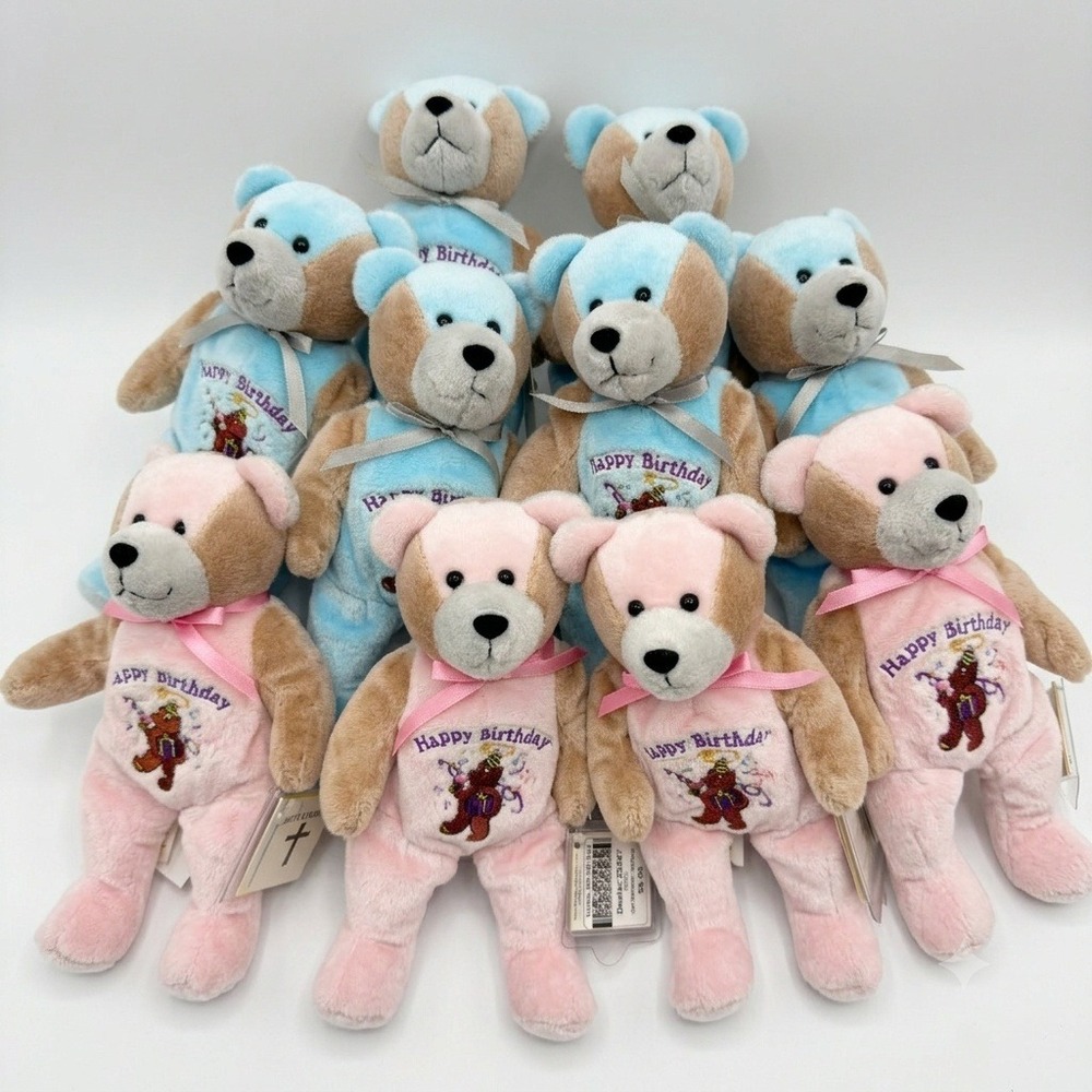 Vintage Holy Bears Happy Birthday Plush Teddy Bear Pink & Blue Bundle Lot 10pcs‎